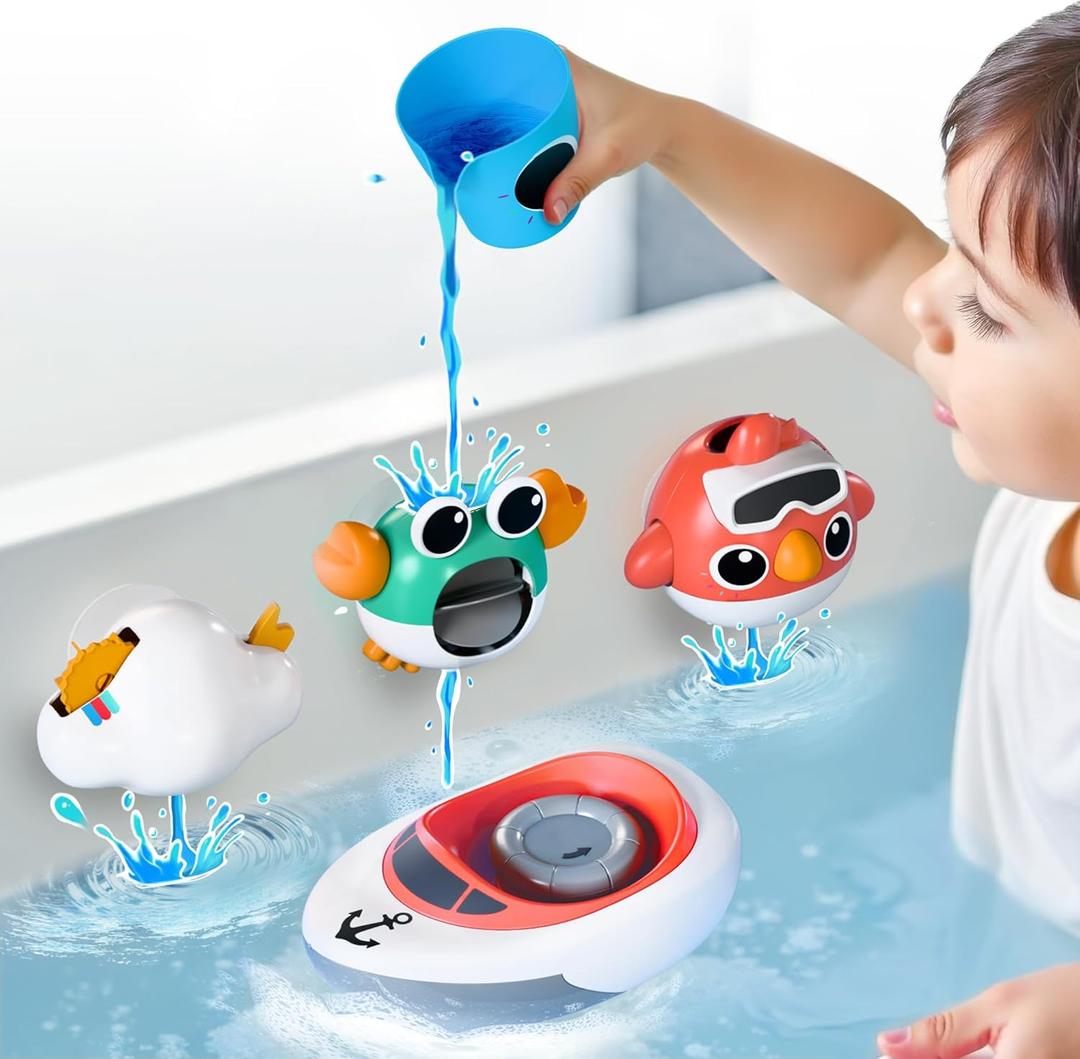 iPlay, iLearn Baby Bath Toy for Toddlers 1-3, Kids Bathtub Water Toy Set 6 8 9 12 Month W/ Shower Cup, Crab, Bird, Cloud & Wind Up Boat, Infant Fun Summer Pool Birthday Gift 2 3 4 Year Old Boys Girls