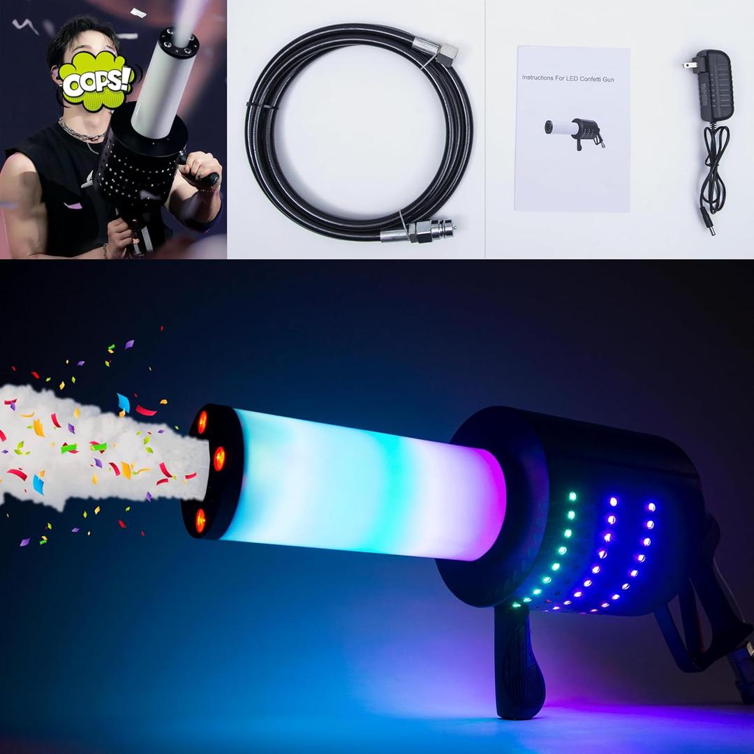 Handheld CO2 Jet Confetti Machine LED CO2 Cannon Blaster Smoke Machine with RGB Lights Carbon Dioxide Gas Column Gun Stage Effect Equipment Tube 3m Hose for Nightclub Wedding Party DJ