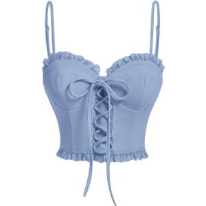 SOLY HUX Women's Y2k Lace Trim Lace Up Tie Front Cami Crop Tops Spaghetti Strap Summer Tops (XS)