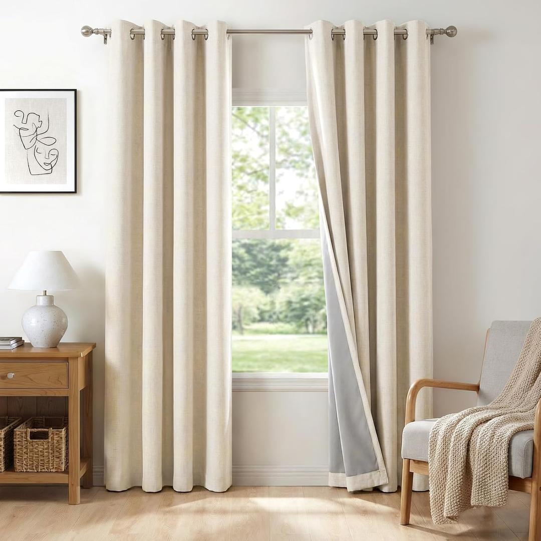 100% Blackout Shield Linen Blackout Curtains for Bedroom 84 Inches Long, Butter Cream Grommet Curtains for Living Room, Thermal Insulated Room Darkening Drapes for Nursery, 50" W x 84" L, 2 Panels