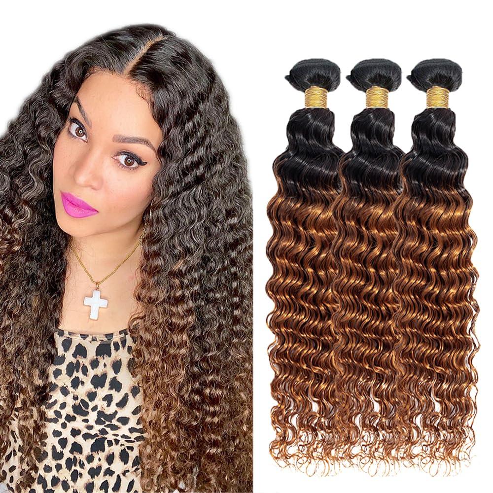 ZevPiu 1B30 Ombre Brown Bundles Human Hair Deep Wave 3 Bundles 28 28 28 Inch Unprocessed Brazilian Virgin Remy Dark Brown Deep Wave Bundle Human Hair Extensions