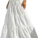 DERAX Women's Boho Flowy White Maxi Skirt Flared Ruffle Elastic Waist Summer A Line 2026 Spring Long Skirts,small
