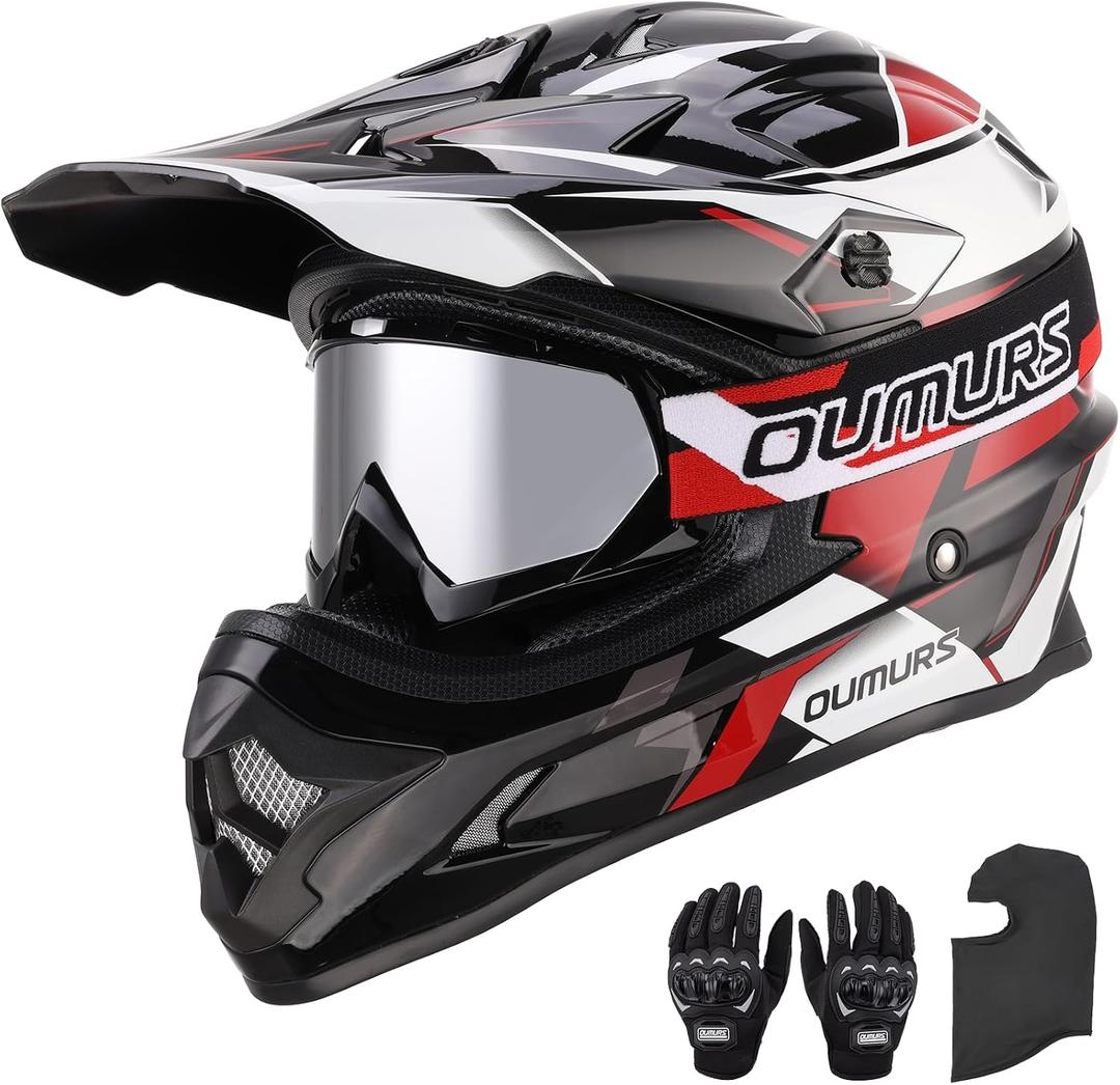 OUMURS DOT Adult ATV Dirt Bike Helmet with Goggles Gloves & Mask Adjustable Sun Visor Motorcycle Adults Helmet Off-Road Motocross Downhill Moped MX for Unisex-Adult-Victory Red, XL