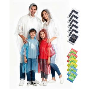 Hitituto Rain Ponchos Family Pack Kids 12 Pack Disposable Poncho with Hood, Clear & Assorted Colors, Home Survival Kits (Kids Mix 6pcs + Adults Clear 6pcs, One Size)