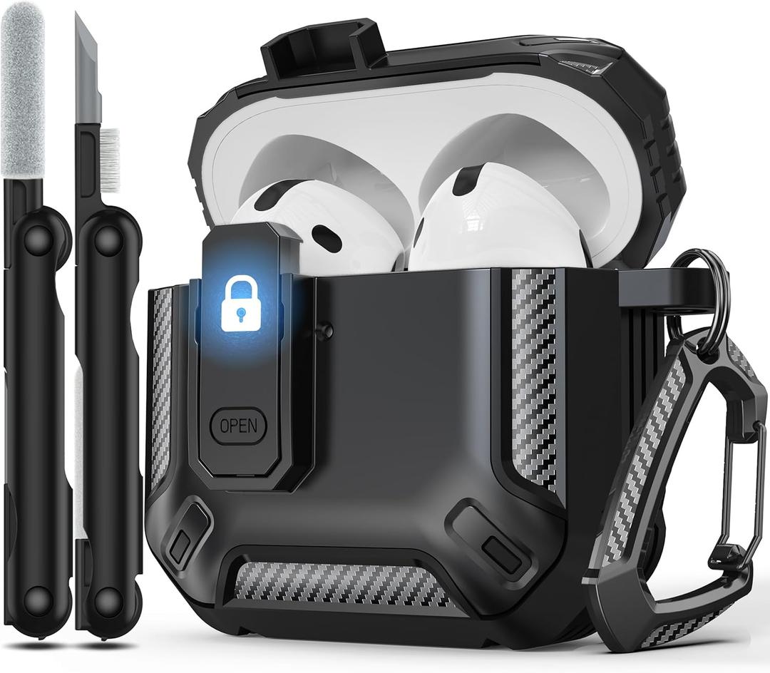 RFUNGUANGO for AirPods 4th Generation Case, Compatible with AirPods 4th Generation Case (2024), Locking Function, Military-Grade Drop Protection, with Cleaning Kit-Black