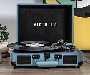 Victrola Journey Bluetooth Portable Suitcase Record Player – with Built-in Speakers, 3 Speed Vinyl Record Player, RCA Out, Headphone Jack (Blue)