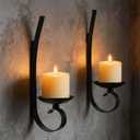 Set of 2 Black Wrought Iron Wall Mount Candle Sconces - Farmhouse Style Hanging Candle Holders for Living Room, Bathroom, Dining Room, and Window Decor (2, Black-B Style)