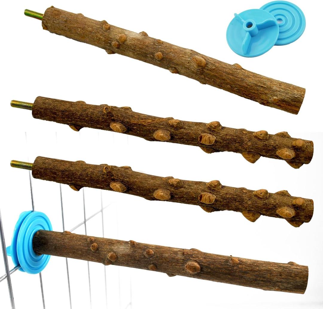 Natural Wood Bird Perch, 4 PCS Large Wooden Parrot Perches Bird Cage Standing Pole Grinding Paw Stick Birds Cage Accessories for Parakeet Budgies Conures