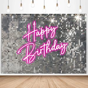 InMemory Glitter Pink Neon Happy Birthday Backdrop Silver Sequins Stars Halos Girls Women Birthday Reception Party Decorations Banner Portrait Photography Background 6x4ft