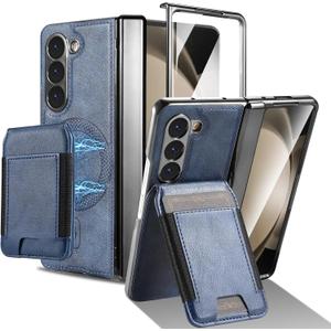 for Samsung Galaxy Z Fold 5 Case[Compatible with MagSafe] Built-in Screen Protector and Hinge Protection, Vintage Matte PU Leather with Magnetic Z Fold 5 Case Phone Cover Protective - Blue