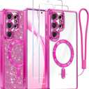 Meifigno Case Designed for Samsung Galaxy S25 Ultra 6.9 inch, [Compatible with MagSafe] [2X HD Screen Protectors] [Glitter Card & Wrist Strap] Full Lens Protection Case for Galaxy S25 Ultra, Hot Pink