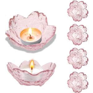 Glass Votive Candle Holders,Glass Seasoning Dishes,Cherry-Blossom Tea Bag Holders,Pink Flower Snack Dip Bowls,Set of 6 Tealight Pillar Trays for Party Housewarming Christmas Valentine Wedding Decor