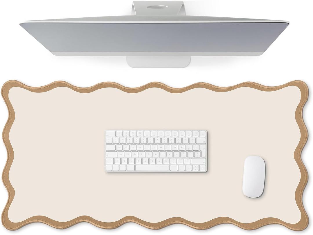 Hahafelt Scalloped Desk Mat Large Desk Pad Cute Coquette Table Mat Aesthetic Preppy Table Make up Pad Nonslip 2026 Graduation Gift with Stitching Waterproof Gaming(Beige,31.5 x 15.8 Inches)