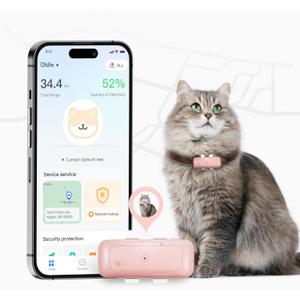 Cat Tracker Mini GPS Tracker Waterproof Dog Tracker with Real-Time Location Escape Alerts for Dogs Cats 6.5lbs+ Pink