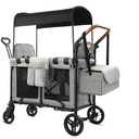 Wagon Stroller for 2 Kids, Foldable All-Terrain Wagon for Kids with Canopy, Adjustable Push and Pull Handles,Convertible High Seat & Organizer, 5 Point Harness (Gray)