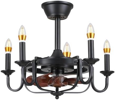MADSHNE Ceiling Fan with Lights and Remote,22" Small Chandelier Ceiling Fans with Lights,Industrial Caged Ceiling Fan Light for Dining Room Kitchen,Black(Bulbs Not Included)