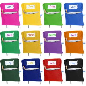24 Pcs Small Chair Pockets for Classroom 14 Inch School Chairs Bag Chairback Buddy Seat Pocket Student Classroom Organizer with Name Tag for Primary School Chair up to 14'' Wide(Multicolored)