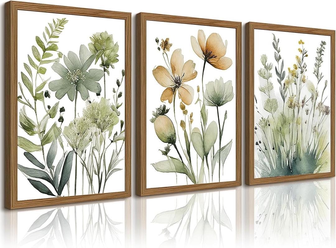 Sage Green Botanical Wall Art Boho Floral Wall Decor Minimalist Plant Canvas Pictures Flower Botanical Prints Watercolor Wildflower Poster Painting for Bathroom Bedroom 16x24x3 Inch Wood Frame