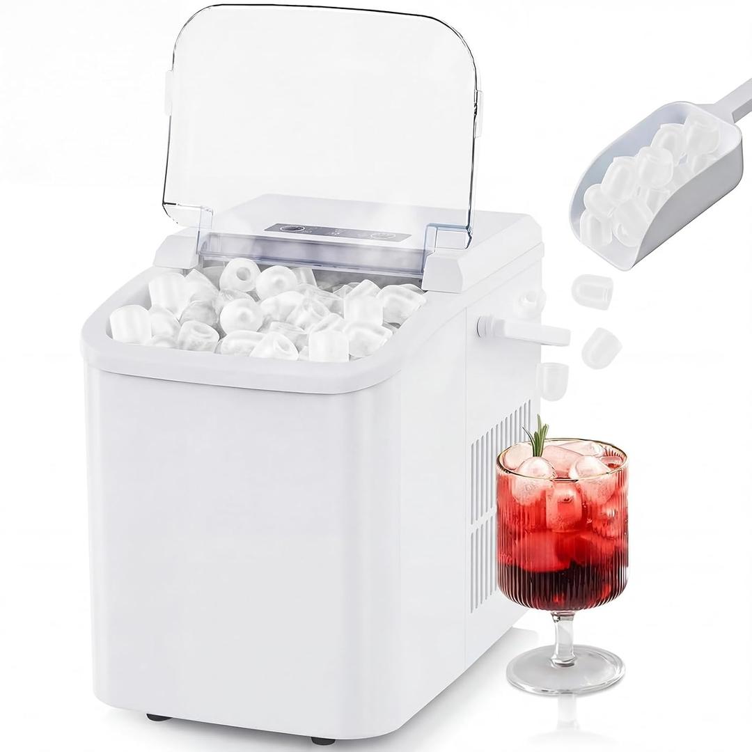 NEWBULIG Ice Makers Countertop with Handle, Portable Ice Machine, 9 Bullet Ice Cubes in 6 Mins, 26lbs in 24Hrs, Auto-Cleaning, with Basket and Scoop, for Home, Kitchen, RV, Camping,Light White