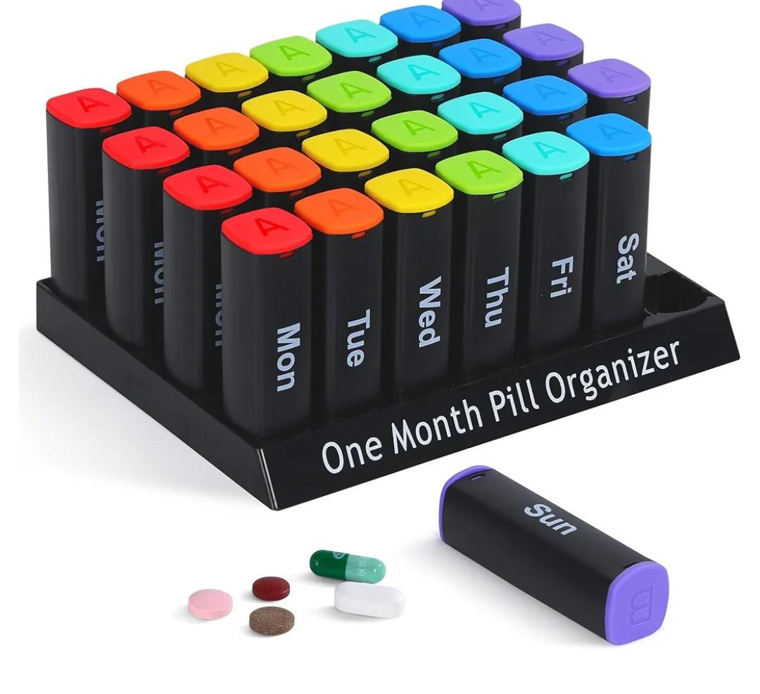 CAidRE Monthly Pill Organizer 2 Times a Day - 28 Day Pill Box AM PM, Daily Medicine Organizer for Vitamins, Supplements, Medications - BPA Free Pill Case for Home & Travel, Black