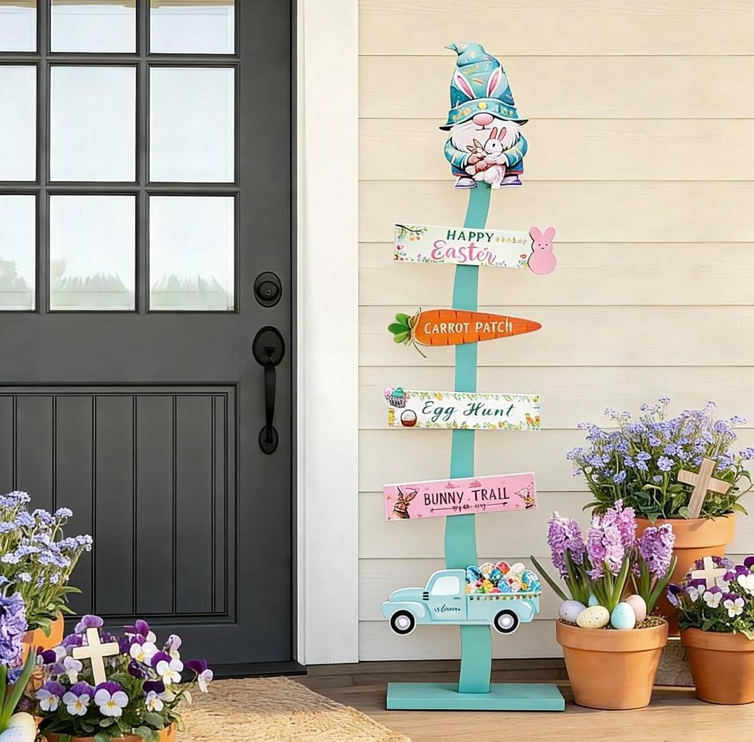 45.6" Happy Easter Welcome Porch Sign| Spring Easter Bunny Rabbit Carrot Standing Wood Signs For Front Door Outdoor Indoor Yard Decor