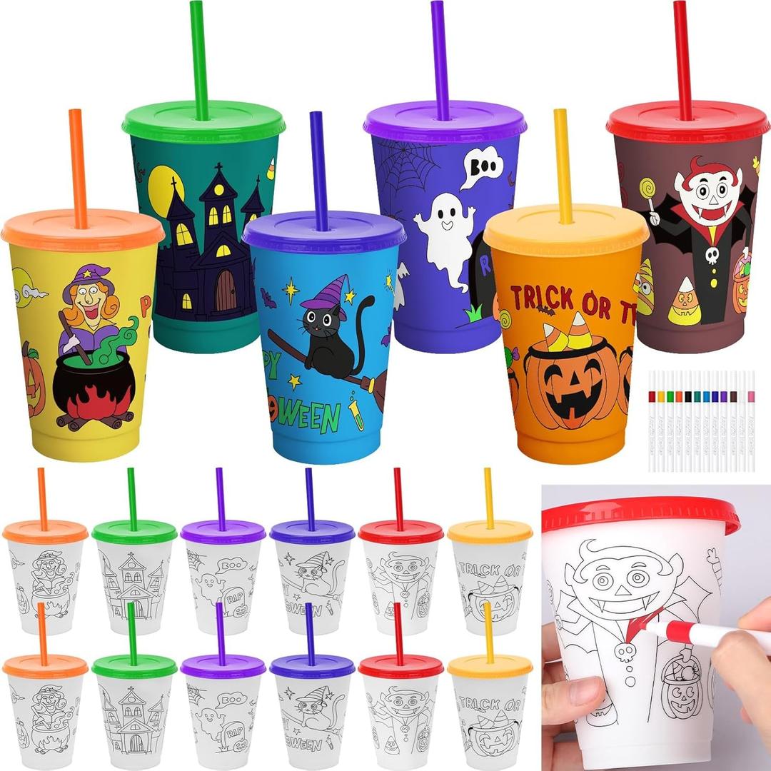 12 pcs Halloween Cups with Lid Reusable 16 Oz Plastic DIY Color Your Own Tumbler with Lid and Straw & 12 Color Watercolor Pens for Themed Party Birthday Classroom Exchange Gift