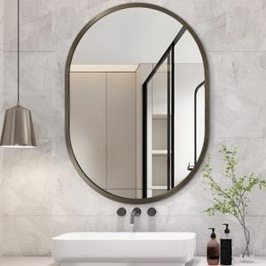JJUUYOU Wall Mirror Small Oval Mirror for Bathroom Vanity Mirrors for Wall 16"x20" Metal Frame Make up Mirrors for Entryway Living Room Bedroom Dorm Decorative Brown
