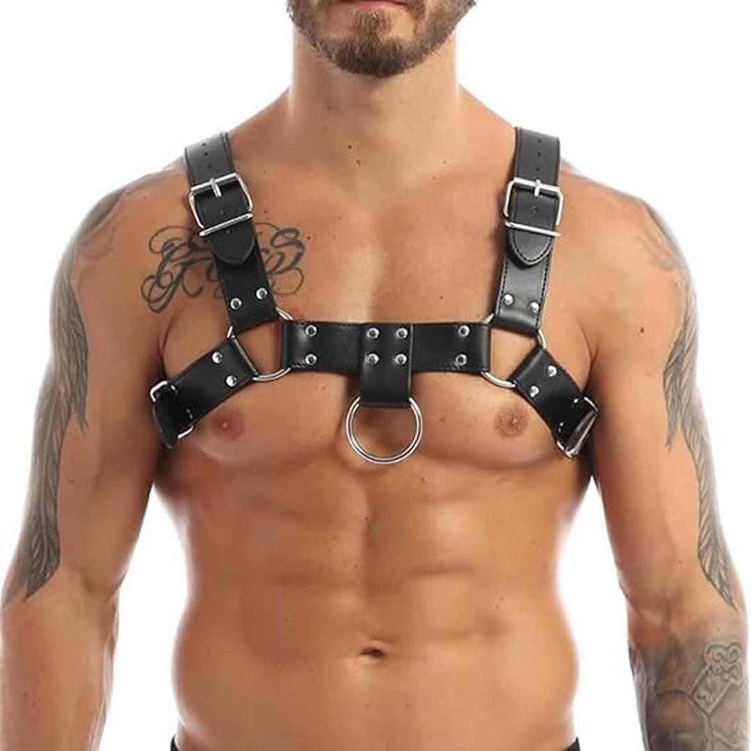 Men's Leather Chest Harness, Adjustable Body Strap with O-Ring, Punk Gothic Shoulder Harness Belt for Cosplay, Nightclub, Masquerade, and Costume Parties