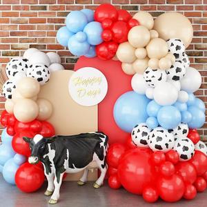 170Pcs Cowboy Western Balloons Arch Garland Kit,Red and Blue Cow Print Balloons for Western Cowboy Cowgirl Farm Animal Themed Baby Shower Birthday Party Decorations Supplies