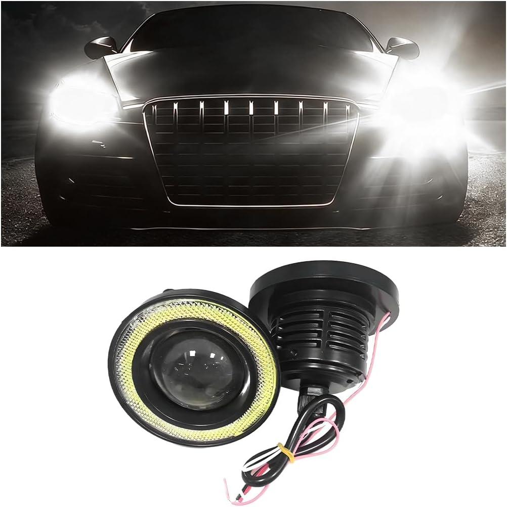 HAMOJUF 2PCS Car Angel Eye Fog Light, 2.5" Round COB LED Super Bright Vehicle Fish Eye DRL Fog Lamp Bulb, Anti-Vibration Daytime Running Light with Halo Rings, Universal Fit (White/Blue)
