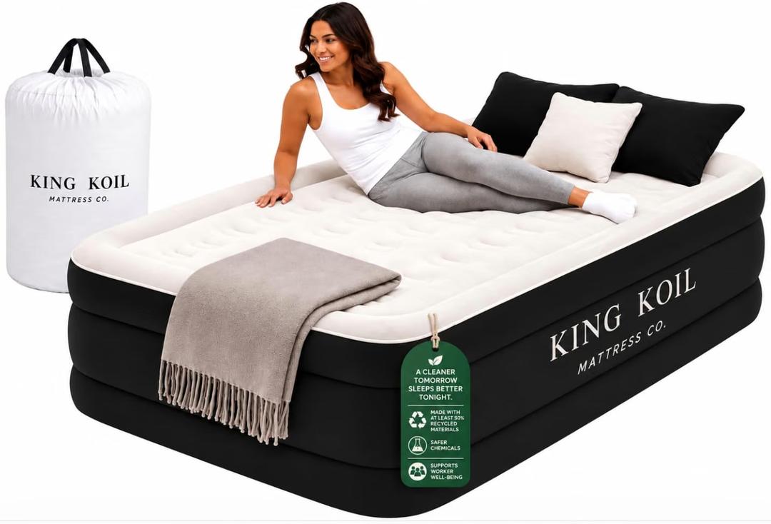 King Koil Air Mattress Queen with Built-in Pump, 20” Raised Airbed
Luxury blow up mattress for guests & home • Inflates in 2 minutes • 650 lb capacity • Patented high-speed pump