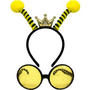 2 Pieces Bee Headband and Glasses Set, Includes Yellow Antenna Crown Headband and Round Honeycomb Sunglasses for Kids and Adults Halloween Costume, Bee-Themed Birthday Party, and Dress-Up Accessories