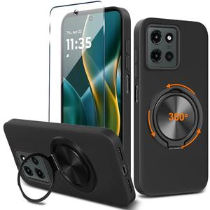 Compatible for Motorola Moto G 5G 2025 Phone Case with Tempered Glass Screen Protector, 360 Rotatable Ring Holder Kickstand Silicone TPU Protective Cover Case for Moto G 5G 2025 - Black