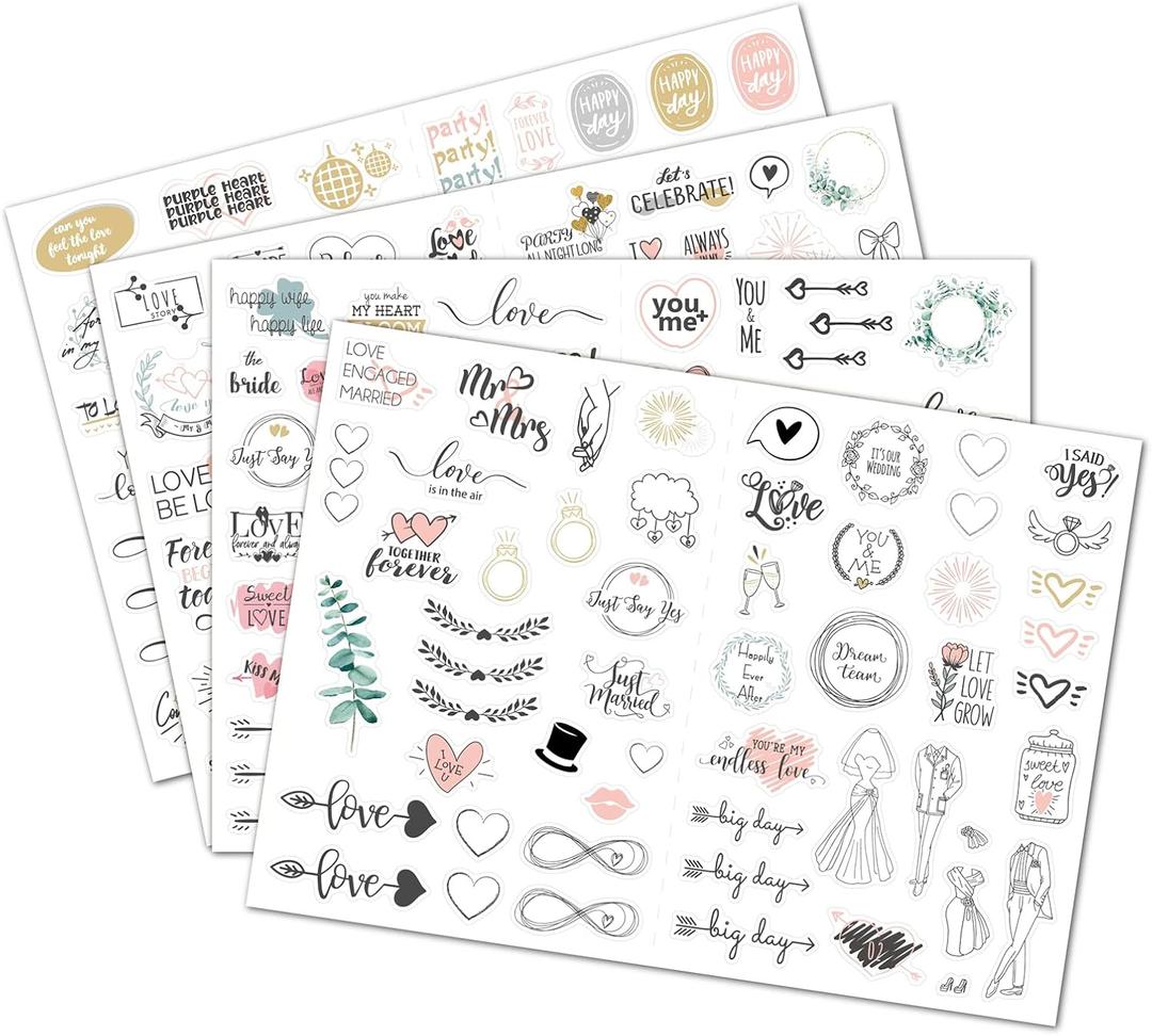 Transparent Waterproof Stickers For Wedding Planning Stickers-4 Sheets 230 Illustrationsand Phrases Per Pack,Used for Bridal Shower Engagement Marriage Anniversary,Sticker Set for Scrapbooking Bride Planner Calendar (A)