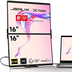 JSAUX FlipGo Pro 16" Dual Portable Monitors, 2.5K Triple Laptop Screen Extender, Portable IPS Dual-Screen Monitor for Laptop[Windows/Linux/MacOS] Magnetic Design/DisplayLink/One Cable to Dual/HiDPI