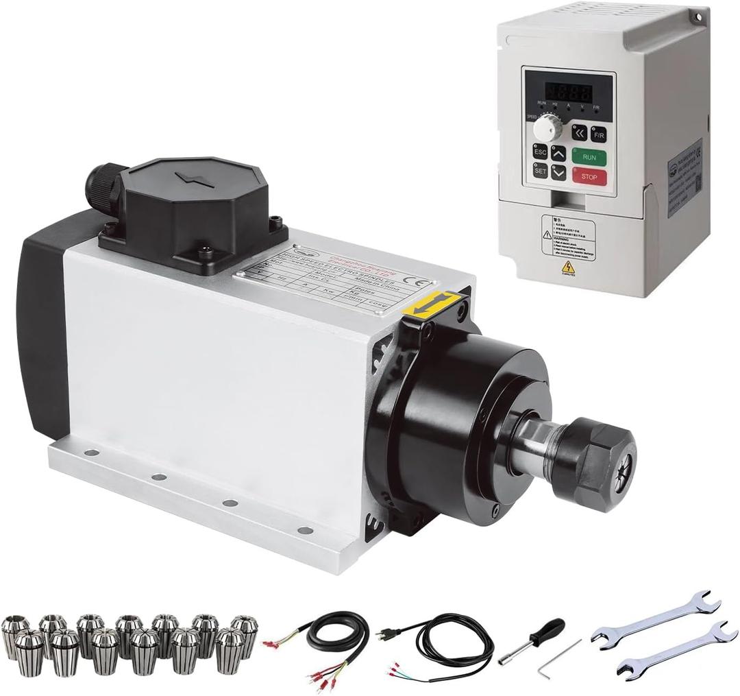 CNC Spindle Kits, 110V 2.2KW 2200W Air Cooled Spindle Motor Square CNC Spindle CNC Motor Spindle Motor + 2.2KW VFD + 13pcs ER20 Collets + Aviation Wire +Power Wire