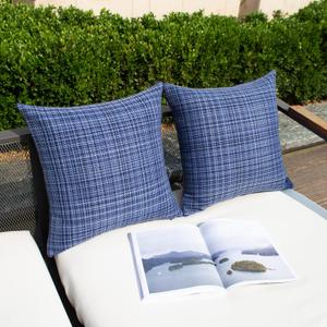 Kevin Textile Pack of 2 Decorative Outdoor Waterproof Throw Pillow Covers Stripe Square Pillowcases Modern Cushion Cases for Patio Couch Bench 20 x 20 Inch Navy Blue