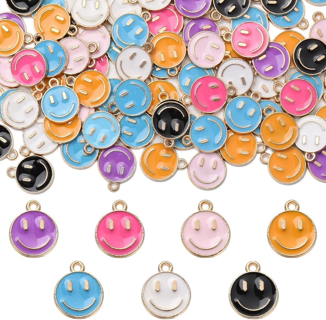 DanLingJewelry 100pcs Random Colors Enamel Happy Face Charms Cute Enamel Dangle Charms with Loop for DIY Necklace Bracelet Making