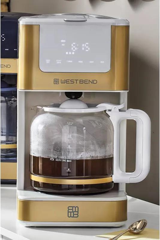 West Bend Drip Coffee Maker Brews Hot or Iced, Programmable with Brew Strength Selector Auto Shut-Off and 6 Functions Permanent Mesh Filter and Glass Carafe, 12-Cup
