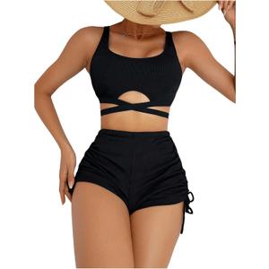SHENHE Women's 2 Piece Swimsuit with Shorts High Waisted Ruched Boyshort Bikini Set Swimwear (Black)