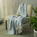 100% Pure Cotton Handblock Printed Throw Blanket, Soft 50" x 60" Fringed Floral Print Throw for Couch, Sofa, Chair, Bed - Cozy, Machine Washable, Comfortable Home Decor (Paleblue)