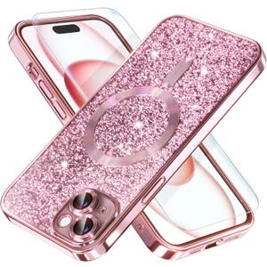Misea Magnetic for iPhone 15 Case Compatible with MagSafe [Military Grade Drop Protection] Full Camera Lens Protector Plating Glitter Soft Phone Case for Women Girls, Pink