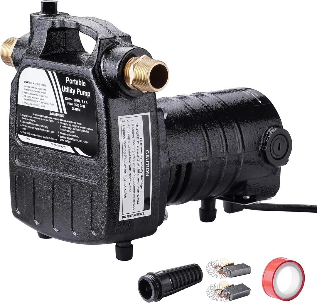 115Volt 1/2HP 1500 GPH Heavy Duty High Pressure Cast Iron Casing Water Transfer Utility Pump With Brass Connectors and Suction Strainer