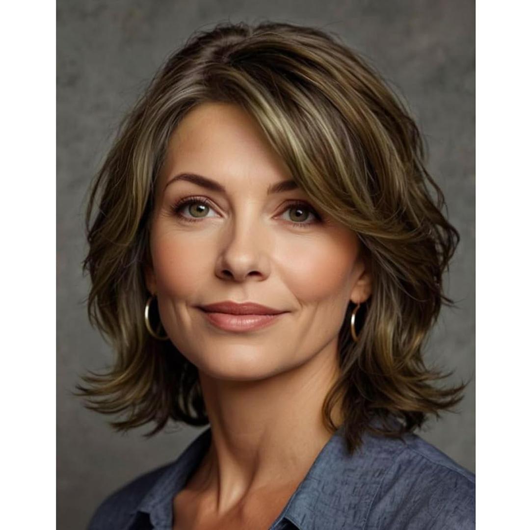 Short Brown Wig for Women Curly Fluffy Side Part Mixed Blonde Wig Layered Synthetic Natural Halloween Party Costume Hair