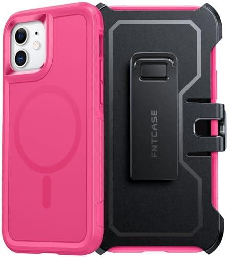 2 x FNTCASE for iPhone 12 Magnet Case: Magnetic Dual Layer Protective Cell Phone Cover with Belt-Clip Holster | Military Grade Drop Proof Protection Durable Non Slip Textured Back Phonecase (Hot Pink)
