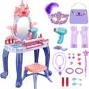 deAO Toddler Vanity Makeup Table Toys for Girls Kids Vanity Makeup Table with Mirror and Chair Piano and Music Gift for Girls 3 + Years Old (Blue)