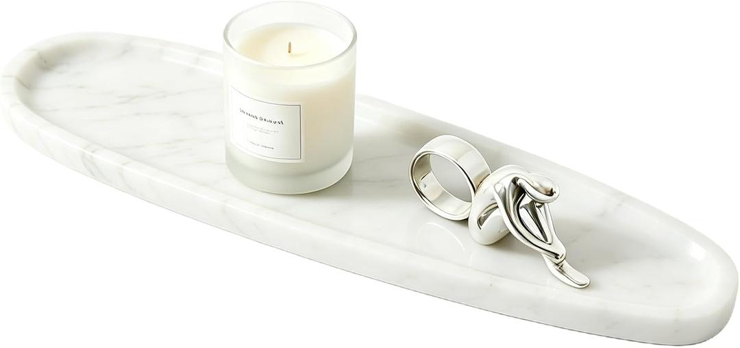 Natural Marble Vanity Tray, 16.6"x4.6" White Real Stone Decorative Tray for Bathroom Countertop & Home Decor, Catchall Organizer for Jewelry, Candles, Cosmetics & PerfumeWhite