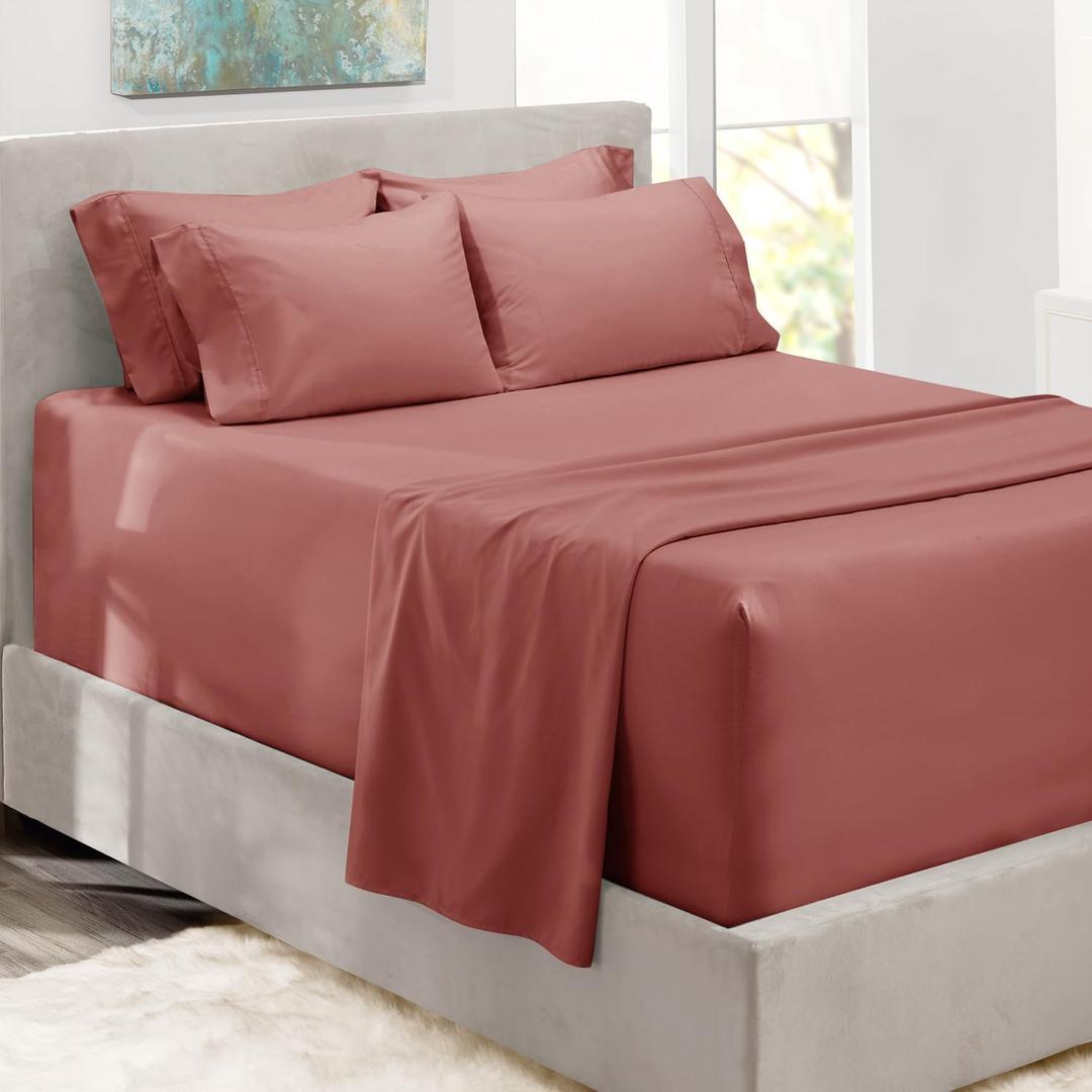 Hearth & Harbor Extra Deep Pocket Queen Sheets Sets - Fits Mattress 18-24 Inches Deep - Extra Deep Pocket Sheets - 6 Piece Queen Size Sheets - Pink Clay