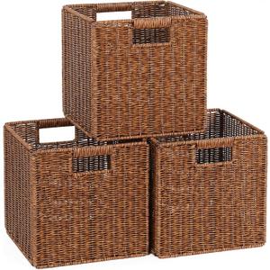 11X11X11in Brown Plastic Wicker Storage Basket, Foldable Cube Woven Storage Basket for Shelves, 11x11 Cube Storage Bins Set of 3, Wicker Storage Baskets for Laundry Nursery Room
