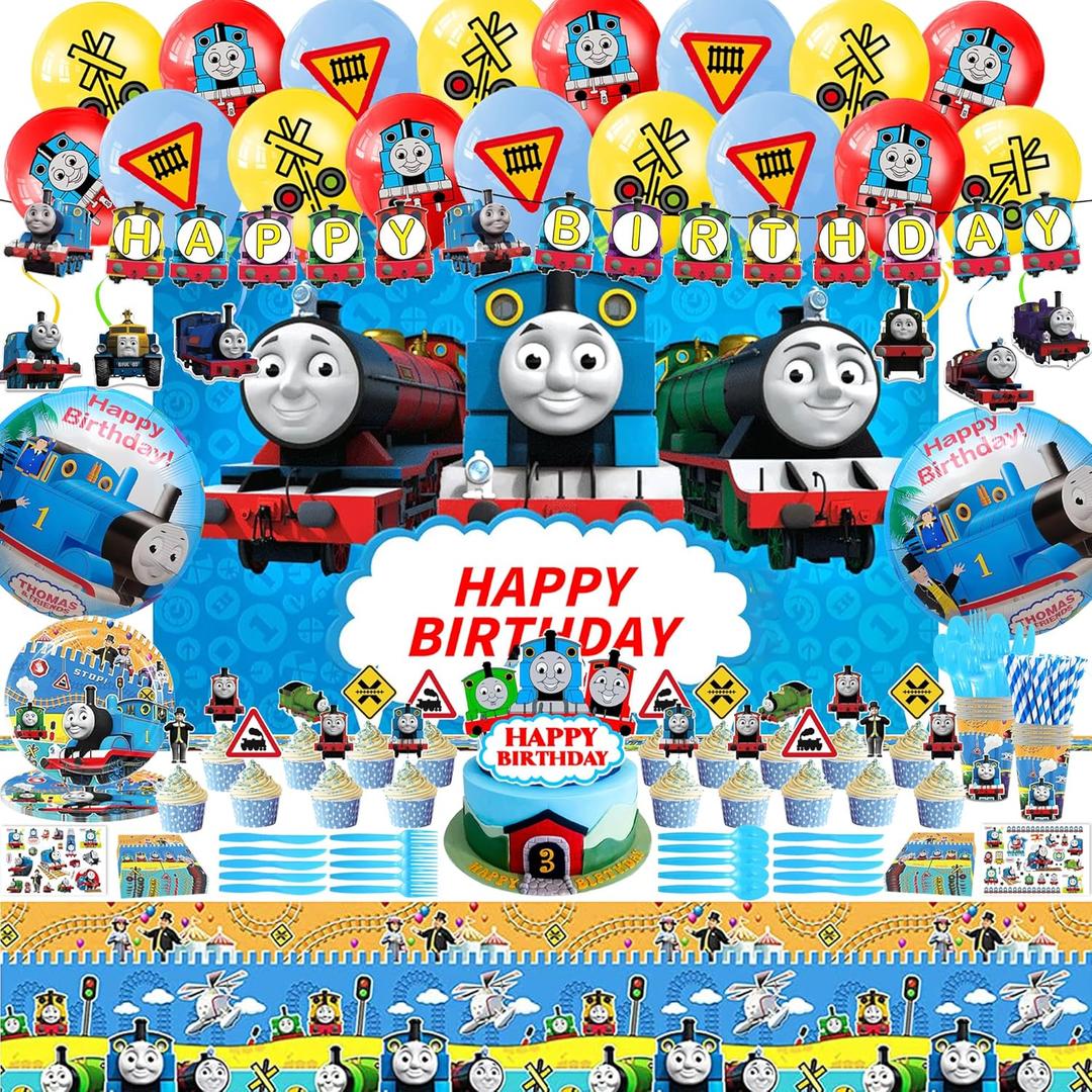 Cartoon Birthday Party Decorations Supplies Fro 10 Kids with Balloons,Cake Topper,Tableware,Tablecloth,Plate,Fork,Plastic,Spoons,Swirl Happy Birthday Banners,Background